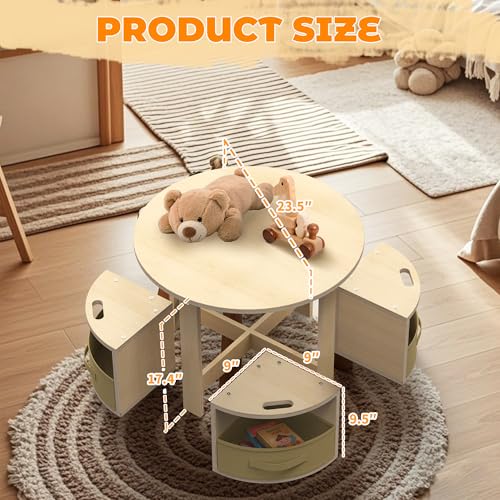 Round Kids Activity Table and 4 Storage Stool Set - Space-Saving Play Furniture