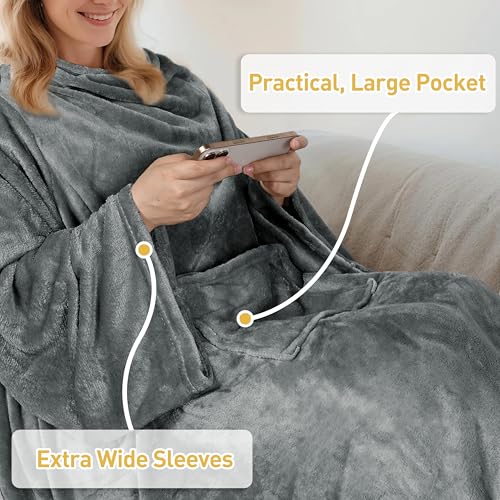Wearable Blanket with Sleeves, Fleece Throw Wrap for Lounging and Reading