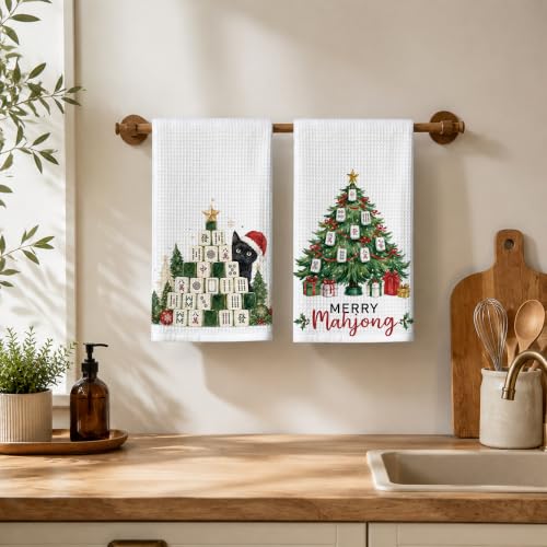 Santa Cat Mahjong Kitchen Towels Set of 2 - Christmas Dish Hand Towels 16 x 24 Inches