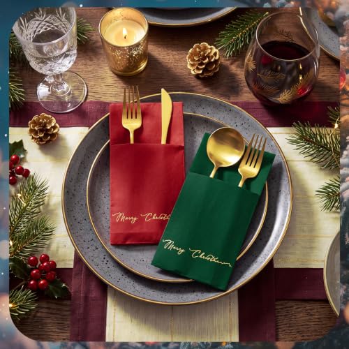 Merry Christmas 100 Pcs Pocket Napkins with Built-in Flatware Pocket (50 Red, 50 Green) - Linen-Feel Disposable