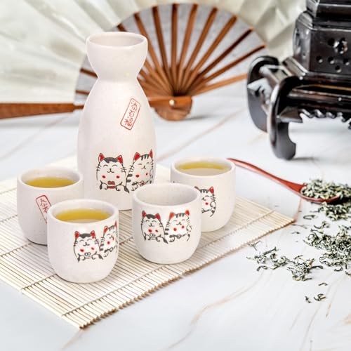 Japanese Sake Set with Maneki Neko Cups & Carafe - Ceramic Hot Drink Gift