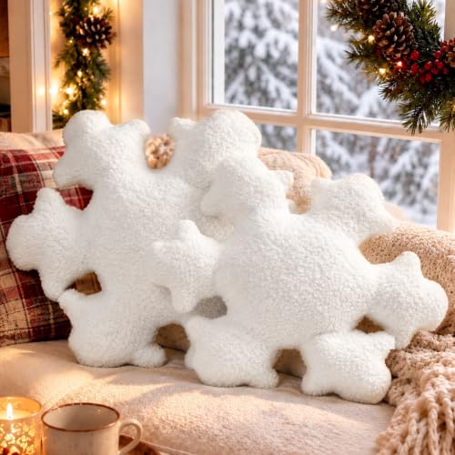AELS Set of 2 Snowflake Christmas Throw Pillows - 21.6 & 17.7 Inches, Winter Plush Decor, White, Texture Variation