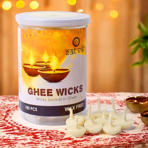 Pure Ghee Wicks for Puja - 100 Pack Ready-to-Use Cotton Diya Batti