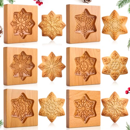 Ferrochef 6 Pack Snowflake Wooden Cookie Molds Christmas Baking Stamps