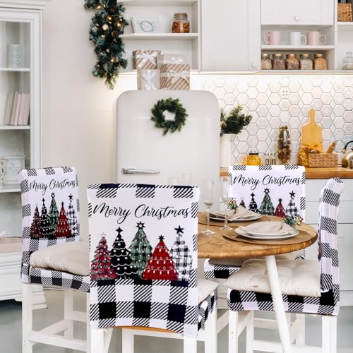 Moukeren 6 Pcs Christmas Chair Covers Buffalo Plaid Trees,Black and