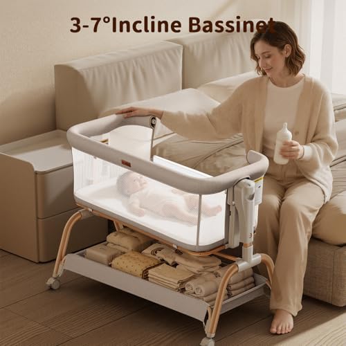 3-in-1 Baby Bedside Bassinet, Adjustable Rocking Crib with Mesh & Mattress