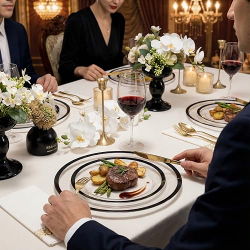 120PCS Clear & Black Rim Disposable Plastic Plates Set - Heavy Duty, Elegant Design for Events