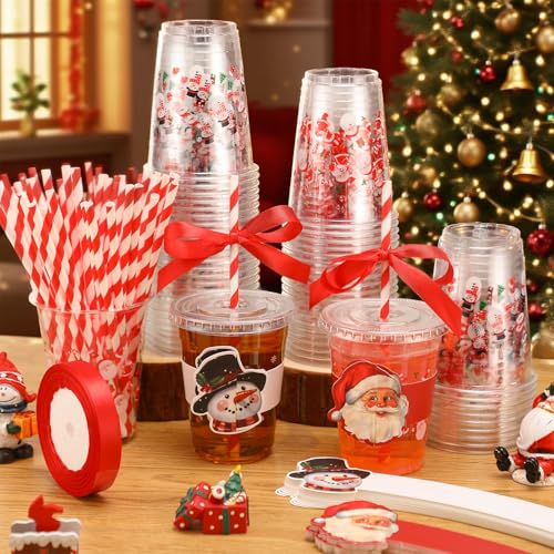 Christmas Plastic Cups Bulk 60 Pcs with Lids & Straws - Santa & Snowman Theme