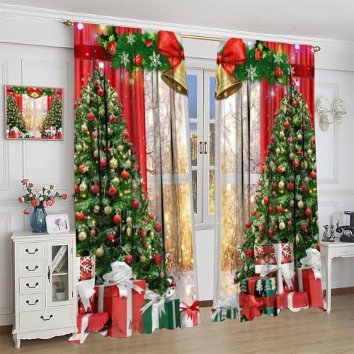 TYVGICZ Christmas Window Curtains 42x45 Inch Pack of 2 - Bell Snow Tree Holiday Drapes
