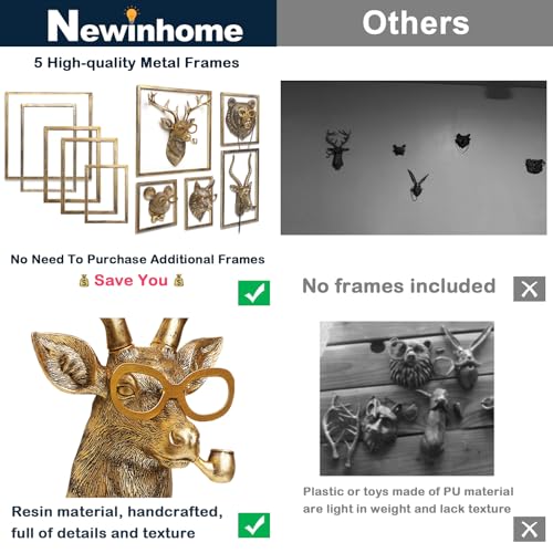 5-Piece Animal Head Wall Sculpture Set, Gold Resin Decorative Wall Mounts