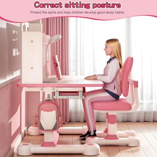 Adjustable Kids Study Desk and Chair Set with Tiltable Desktop and Storage