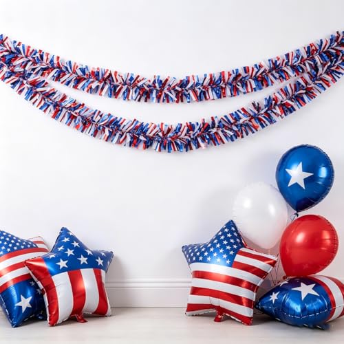 33ft Red White and Blue Patriotic Tinsel Garland for 4th of July Decor