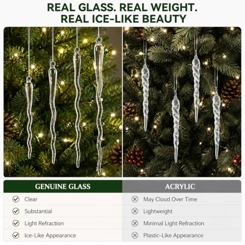 OuMuaMua Large Clear Glass Icicle Christmas Ornaments - 12-Piece, 6-12in S-Curve Handmade