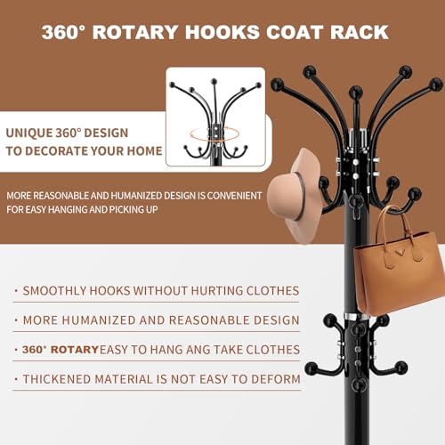 Rotating Coat Rack Stand with 16 Hooks and Natural Marble Base
