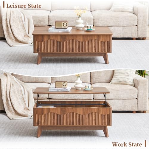 Fluted Wave TV Stand and Lift-Top Coffee Table Set, Walnut Brown