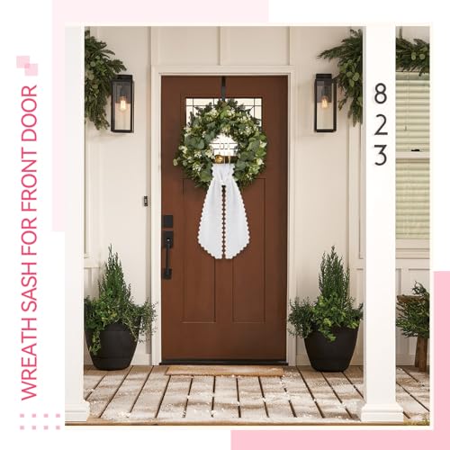 2-Piece Scalloped Wreath Sash, White Decorative Ribbon for Front Door Decor