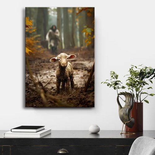 Jesus Wall Art | Large Canvas Print of Jesus Running After Lost Lamb | 24” x 36” Home Decor