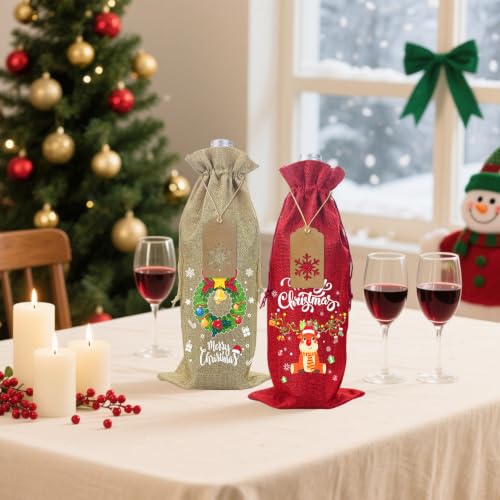 12 Pcs Christmas Wine Bags Reusable Jute Bottle Gift Wrap with Snowflake Prints