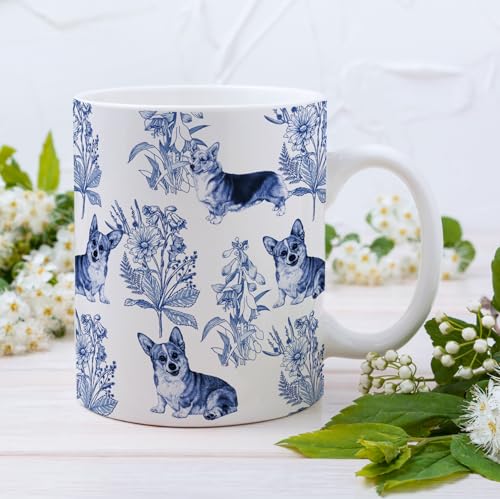 RVEAFA Corgi Coffee Mug 15 oz - Blue French Toile, Gift for Women