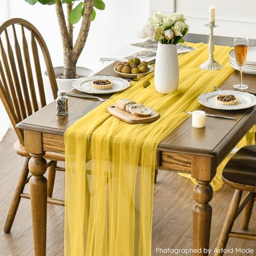 Yellow Gauze Table Runner 120 Inch Long, Sheer Polyester Dining Table Decor