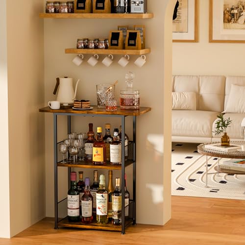 3-Tier Freestanding Wine Rack & Mini Bar Cart with Wood Tabletop