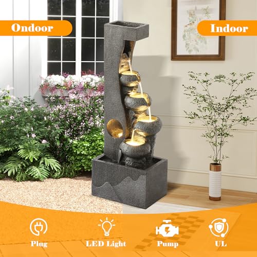 39-Inch 5-Tier Cascading Water Fountain with LED Lights for Garden and Patio