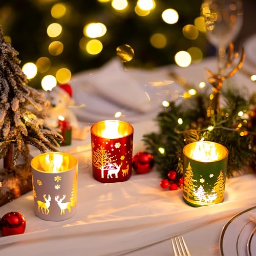 Christmas Glass Votive Candle Holders Set of 6 - Festive Tealight Holders