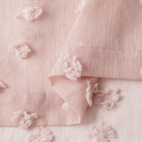 Pink Sheer Curtains with Pom Poms - 36x84 Inch Set of 2 Rod Pocket Drapes