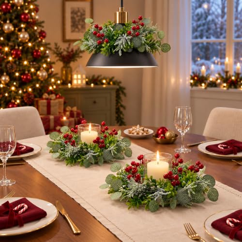 TOCHGREEN 8PCS Mini Christmas Candle Ring Wreaths - 9in Outer, 3in Inner Diameter