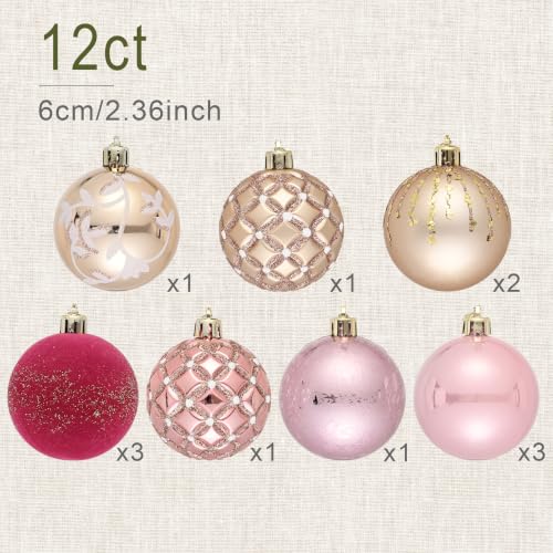DecorbyHannah Pink Gold Christmas Ornaments Set - 12 Pack, 2.36 Inch