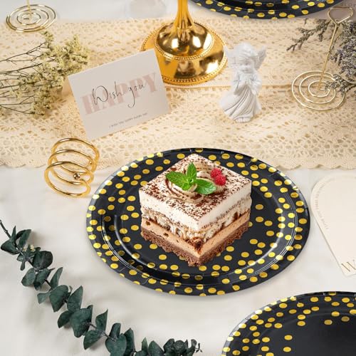 50 Pack Black and Gold Disposable Paper Plates 7 Inch for Parties