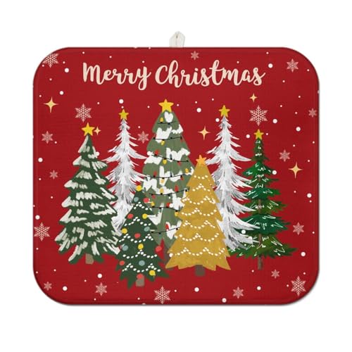 Christmas Kitchen Dish Drying Mat 16x18 Inches, Red Snowflake Tree Pattern, Absorbent Microfiber, Festive Holiday Countertop Mat