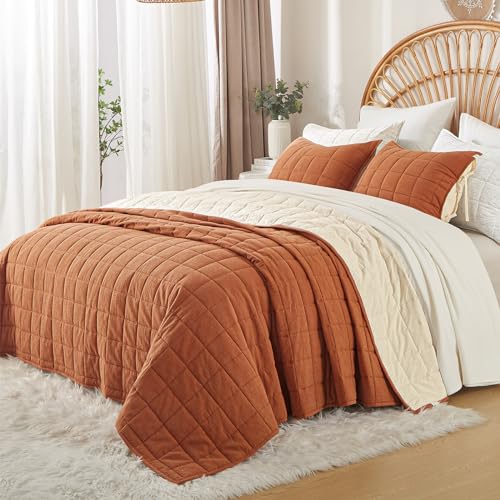 Burnt Orange Queen Quilt Set - 3-Piece Bedding with Cream Stripe