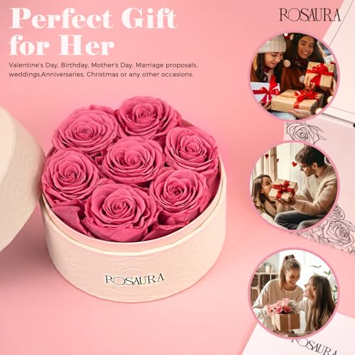 Preserved Roses Gift Box, 7 Real Pink Eternal Roses in Round Case