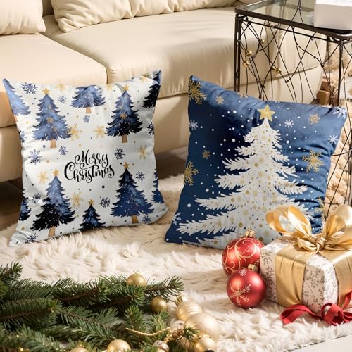 Navy Blue Christmas Throw Pillow Covers Set of 4 18x18 | Velvet Home Decor Pillowcases
