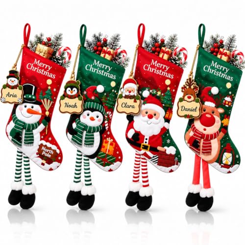 4Pack Large 18in Personalized Christmas Stockings with Wooden Name Tags - Red & Green