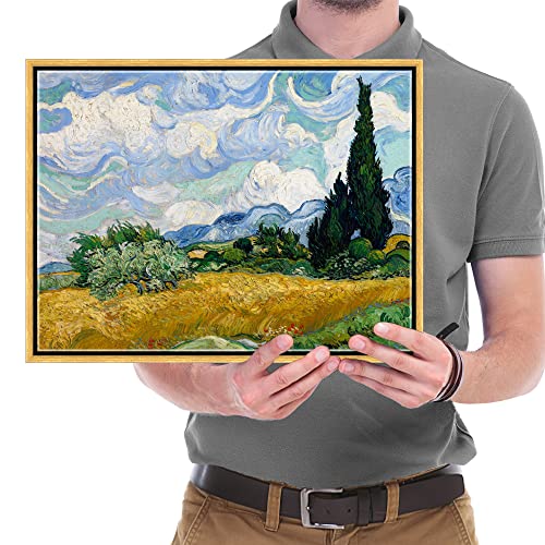 Wieco Art Framed Wall Art of Wheat Field with Cypresses by Vincent Van Gogh Paintings Reproduction Abstract Canvas Prints for Home Living Room Decorations Bronze Gold Frame
