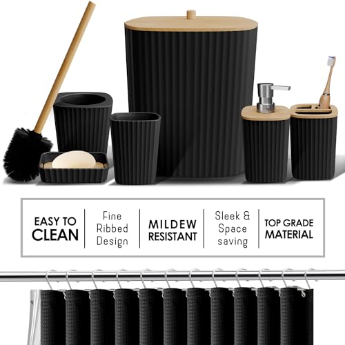 20-Piece Black Bathroom Accessory Set with Shower Curtain and Bamboo Accents