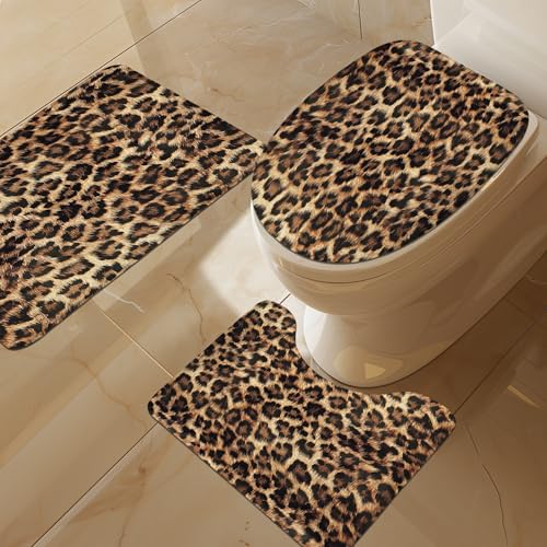 4-Piece Leopard Print Shower Curtain Set with Non-Slip Bath Mats