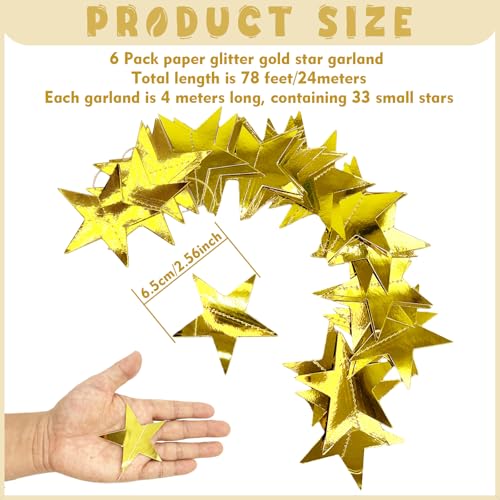 78ft Gold Star Garland Decorations - 6 Pack Double Sided Hanging Party Streamers