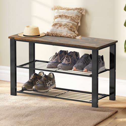 2-Tier Shoe Rack Bench, Rustic Brown Metal Entryway Storage Organizer