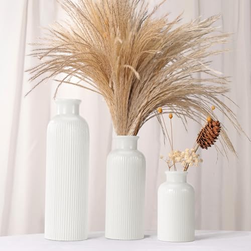 Small White Ceramic Vase Set of 3 - Modern Boho Farmhouse Home Decor