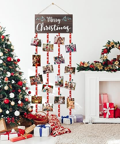 AKEROCK Wood Christmas Card Holder Display - Wall Decor & Gift Idea (Includes 30 Clips)