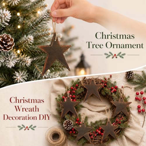 Wenqik 24 Rustic Christmas Wooden Star Ornaments – Vintage Primitive with Hemp Rope (Star/Vintage/24)