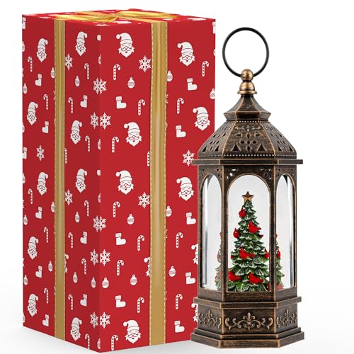 10.5-Inch Musical Christmas Tree Snow Globe Lantern with Cardinals