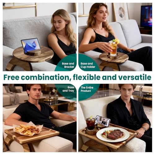 360° Rotating Acacia Wood Sofa Arm Tray with Cup Holder & Phone Stand