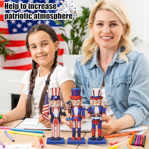 3-Piece Patriotic Wooden Nutcracker Figures - 7 Inch Red & Blue Tabletop Decor