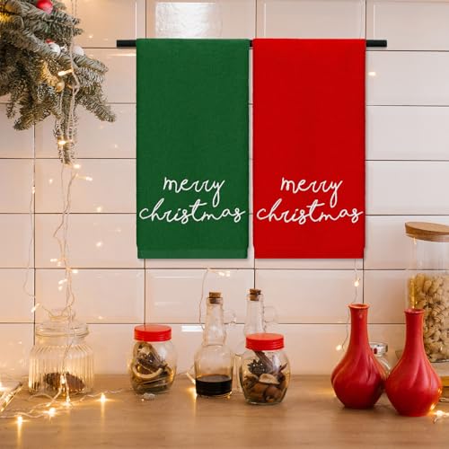 Christmas Embroidered Cotton Hand Towels Set 2 Pack Red Green Holiday Decor