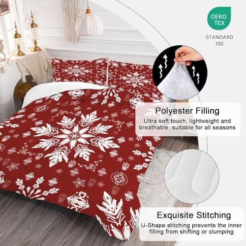 Red White Snowflake Twin Bedding Set - 5 Piece Bed in a Bag, Vintage Style, Model FUYEUN, Variation 02
