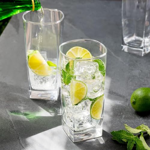 Square Drinking Glasses Set of 4, Tall Durable Glass Tumblers for Kitchen
